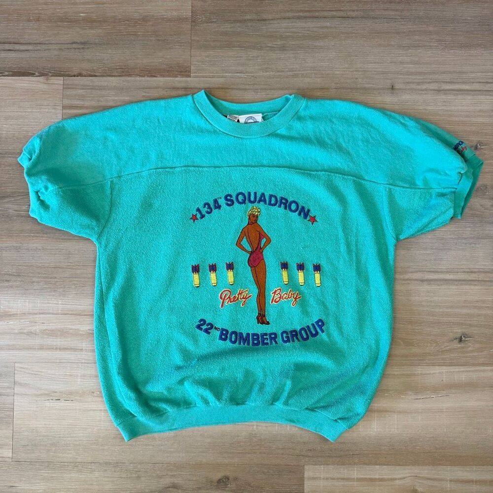 Vintage 90s Pinup WWll Teal 22nd Bomber Group Sweatshirt Size Large Americana